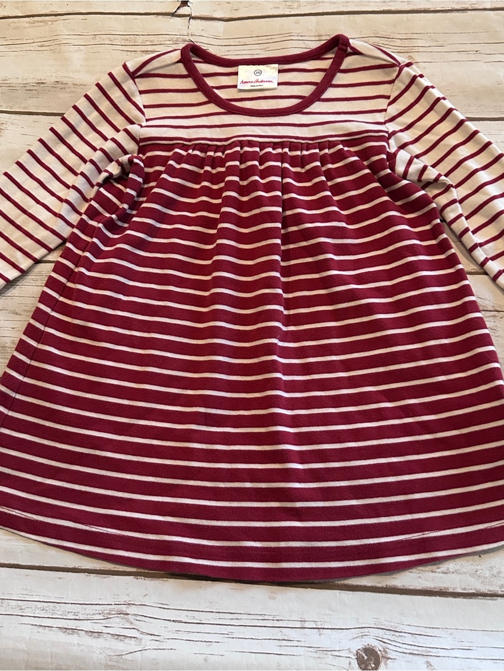 Hanna Andersson burgundy striped dress from fair small holes Size 100.